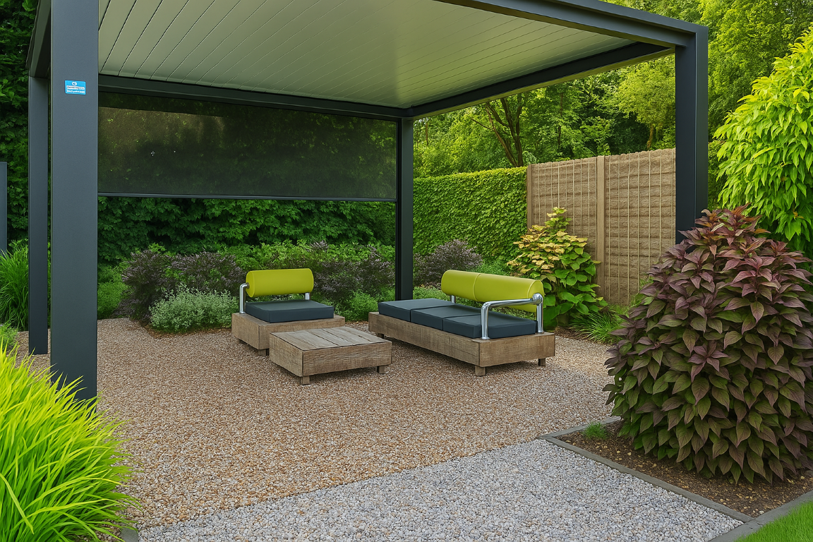 Loungeterras van harsgebonden grind onder een overkapping in een groene tuin